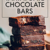 Stack of vegan and gluten-free fudgy tahini date bars