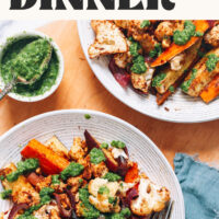 Two bowls of our vegan gluten-free tondoori tofu sheet pan dinner with green chutney