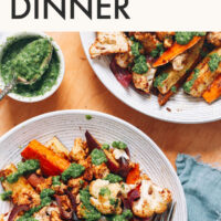 Plates of vegan and gluten-free tandoori tofu sheet pan dinner