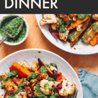 Plates of vegan and gluten-free tandoori tofu sheet pan dinner