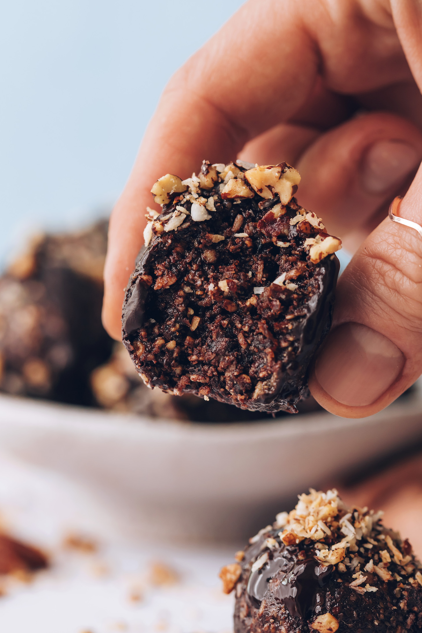 Close up shot showing the fudgy texture of a German chocolate cake energy bite