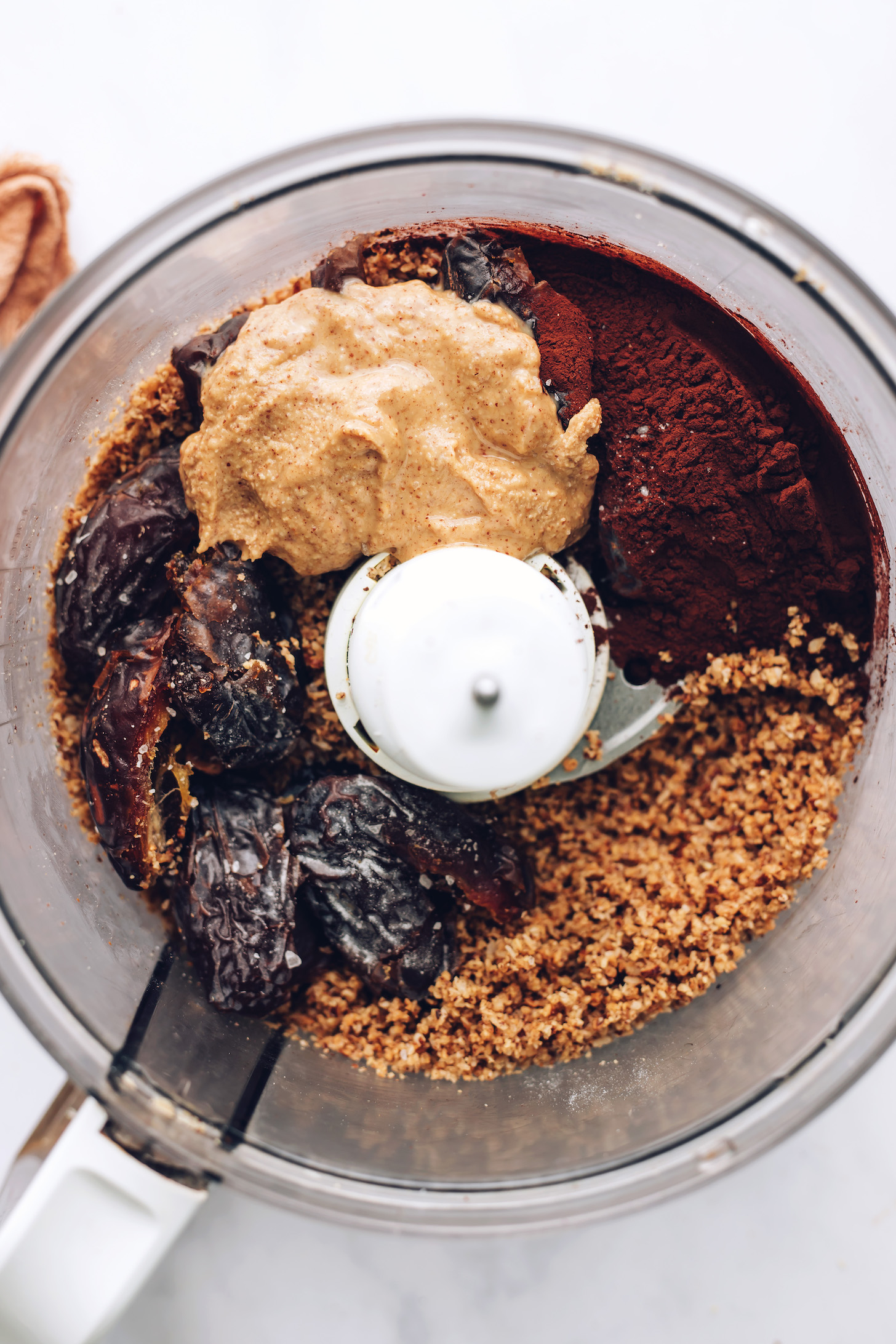 Toasted pecans and coconut, dates, cocoa powder, almond butter, vanilla and salt in a food processor