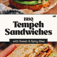Angled and side views of BBQ Tempeh Sandwiches made with a sweet and spicy slaw