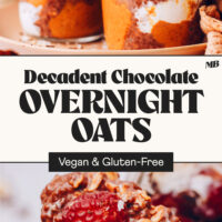 Spoonful and jars of our Decadent Chocolate Overnight Oats recipe with text between the photos that says vegan and gluten-free