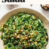 Overhead shot of a bowl of our 15-minute snap pea salad with lemon vinaigrette