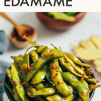 Bowl of vegan spicy garlic edamame