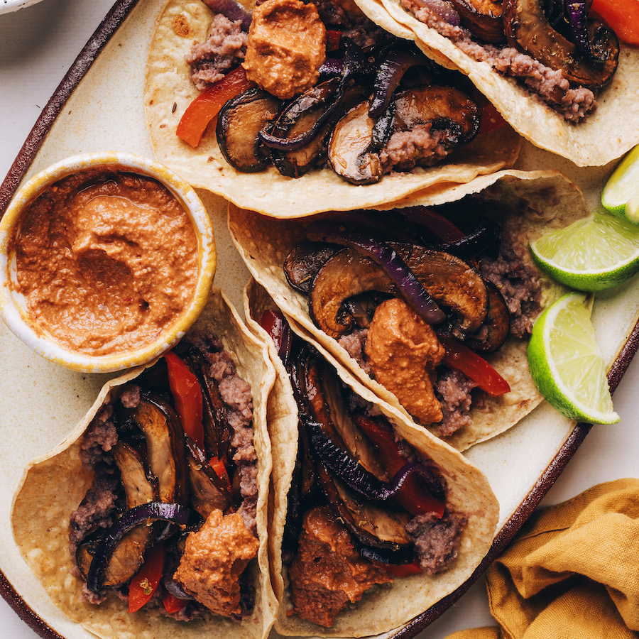 Platter of vegan portobello mushroom tacos