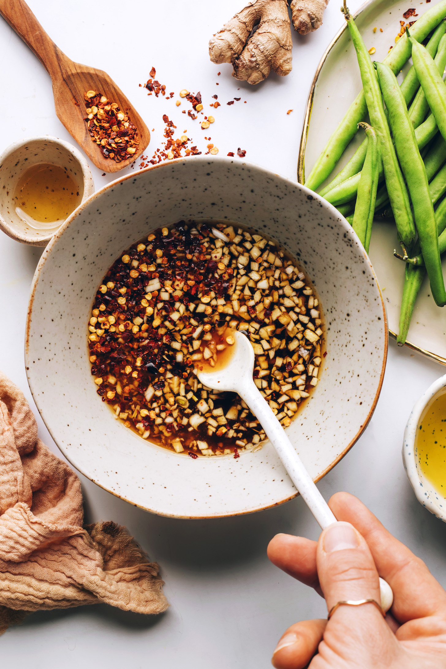Bowl of savory stir fry sauce with ginger and garlic