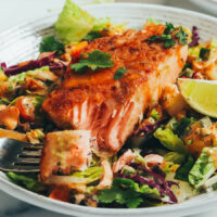Bite of flaky salmon on a fork next to a smoky salmon salad