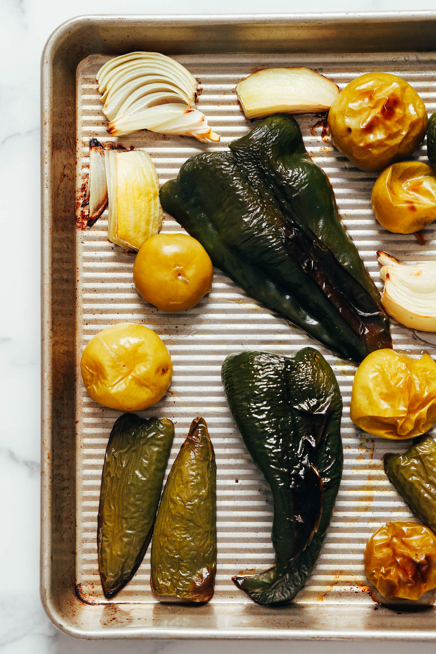 Roasted onions, tomatillos, poblanos, and jalapeños