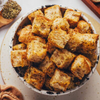 Overhead shot of a bowl of homemade croutons