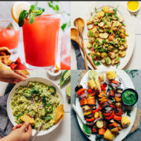 Gallery of plant-based 4th of July recipes, including vegan burgers, guacamole, strawberry lemonade, and gluten-free strawberry shortcake