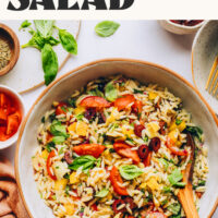 Overhead photo of a bowl of Mediterranean-Inspired Vegan Orzo Pasta Salad