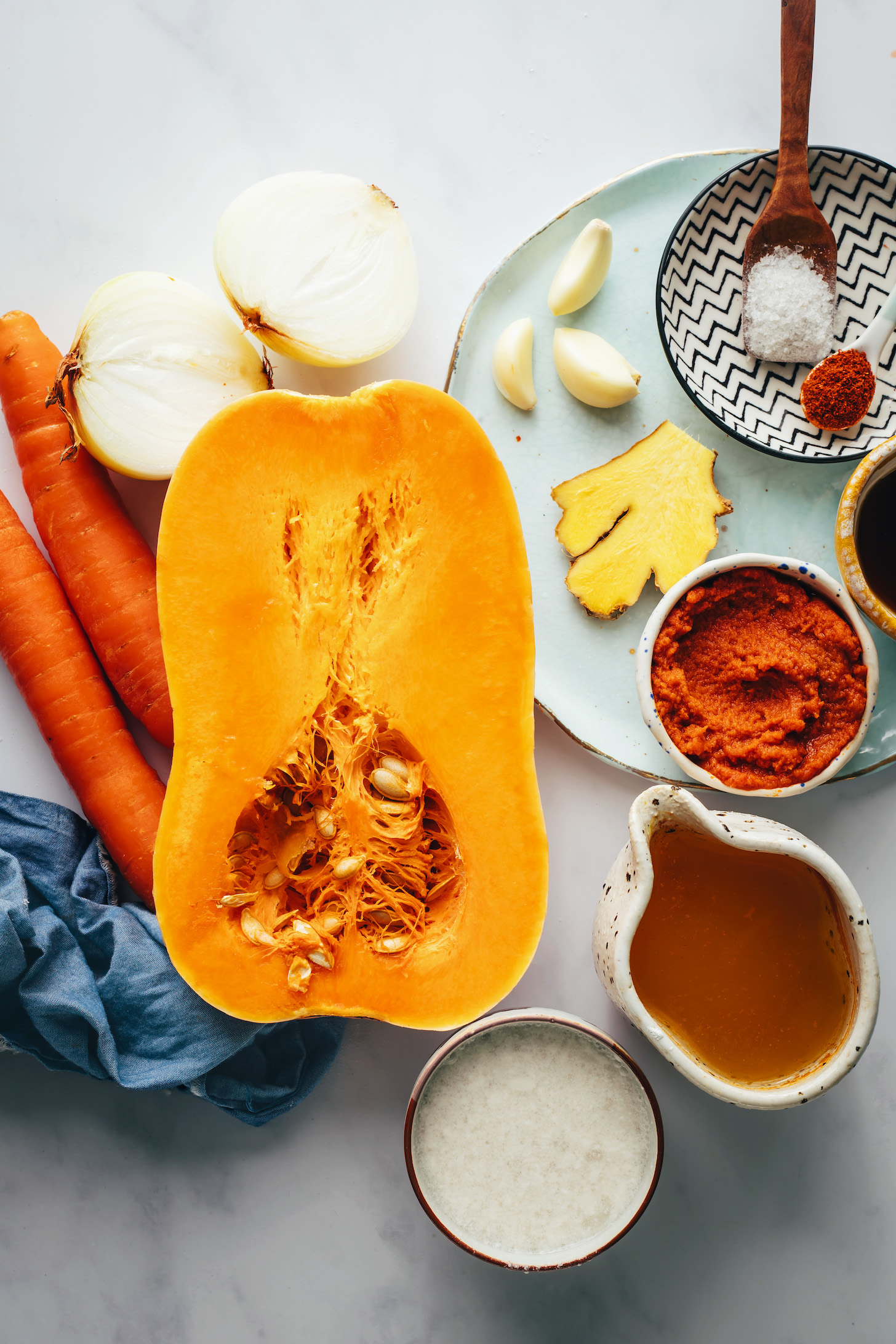 Onion, carrots, butternut squash, coconut milk, vegetable broth, red curry paste, ginger, garlic, salt, cayenne, and maple syrup