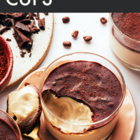 Text reading vegan and gluten-free tiramisu pudding cups above a dessert cup filled with tiramisu pudding