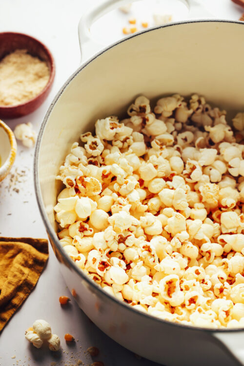 Pot of popcorn popped on the stovetop