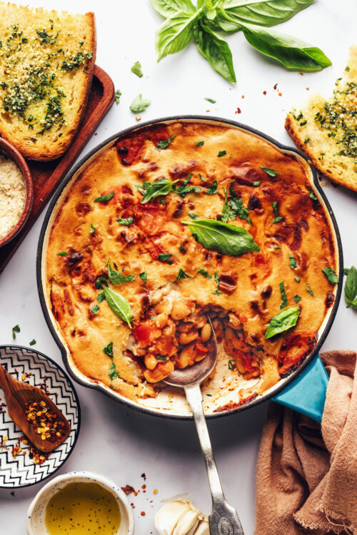 Pan of cheesy vegan pizza beans