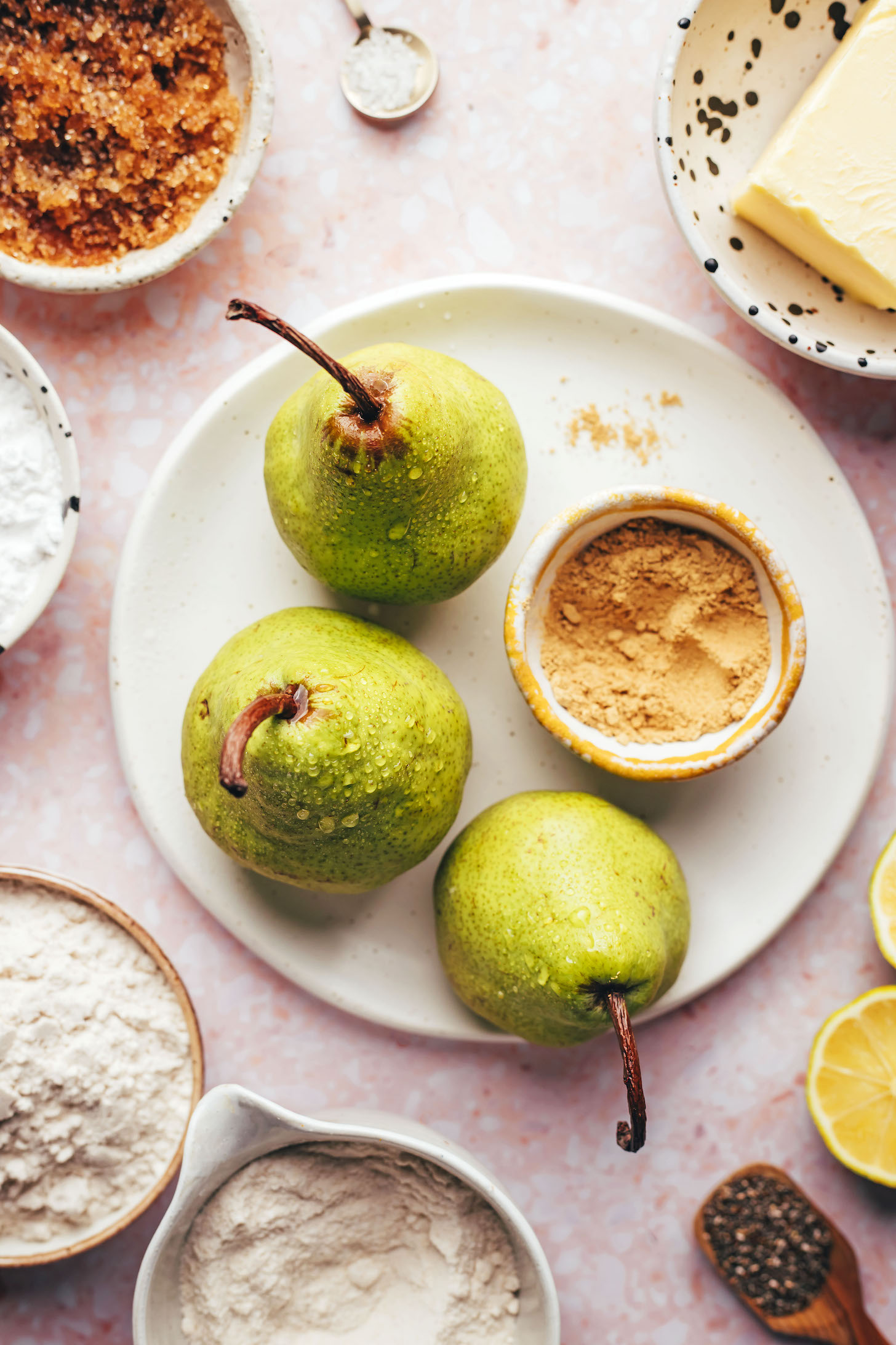 Salt, brown sugar, tapioca flour, sorghum flour, brown rice flour, chia seeds, lemon, pears, ginger powder, and vegan butter