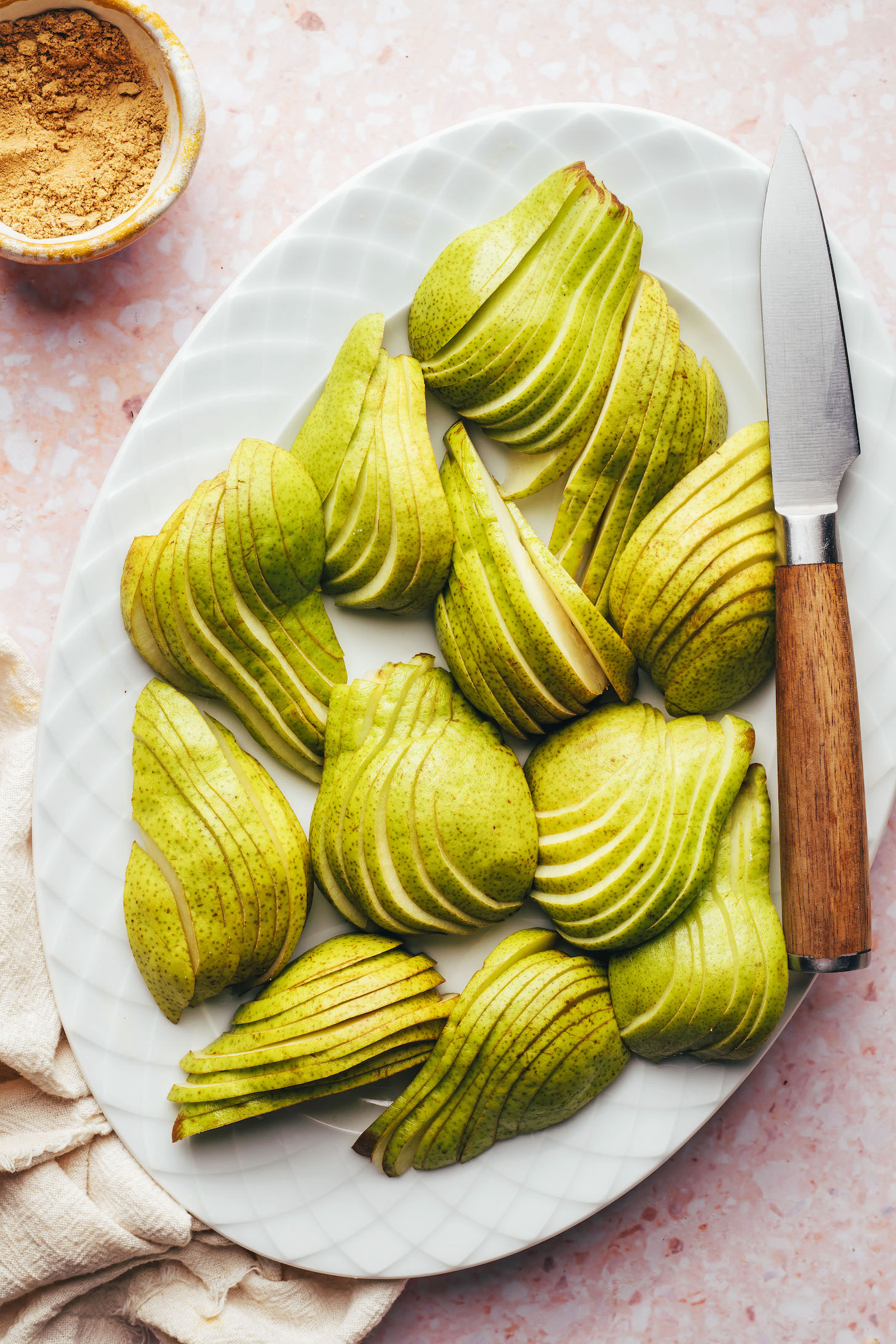 Thinly sliced quartered pears