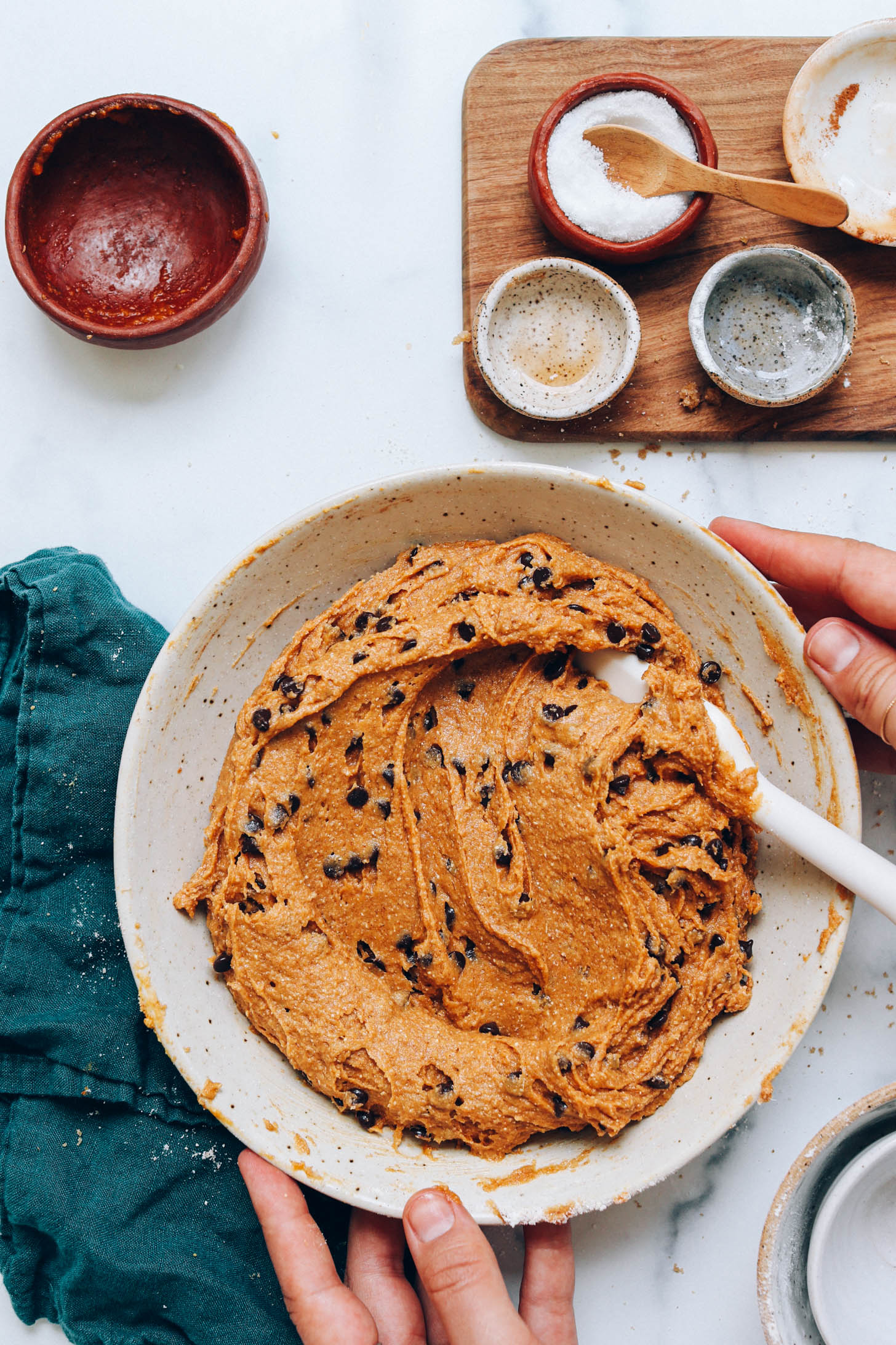 Bowl of pumpkin chocolate chip cookie dough