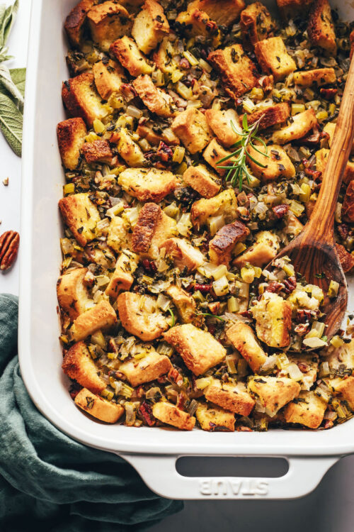 Baking dish of classic style vegan gluten-free stuffing