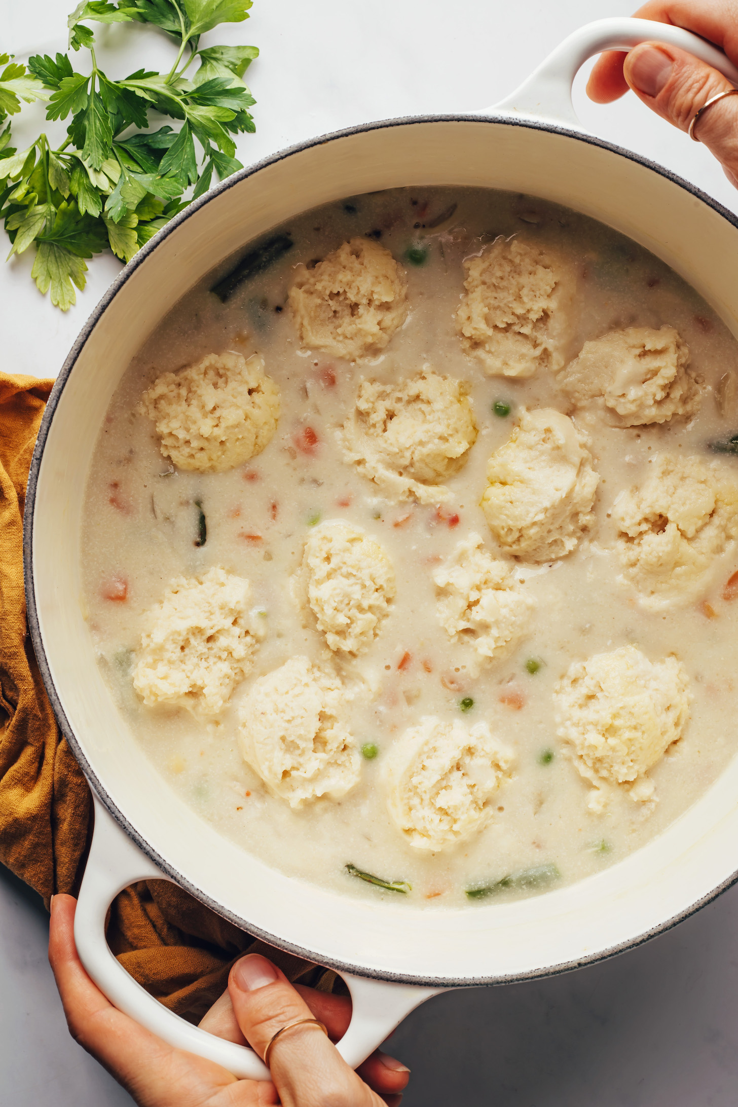 Balls of biscuit dough scattered in a Dutch oven of soup
