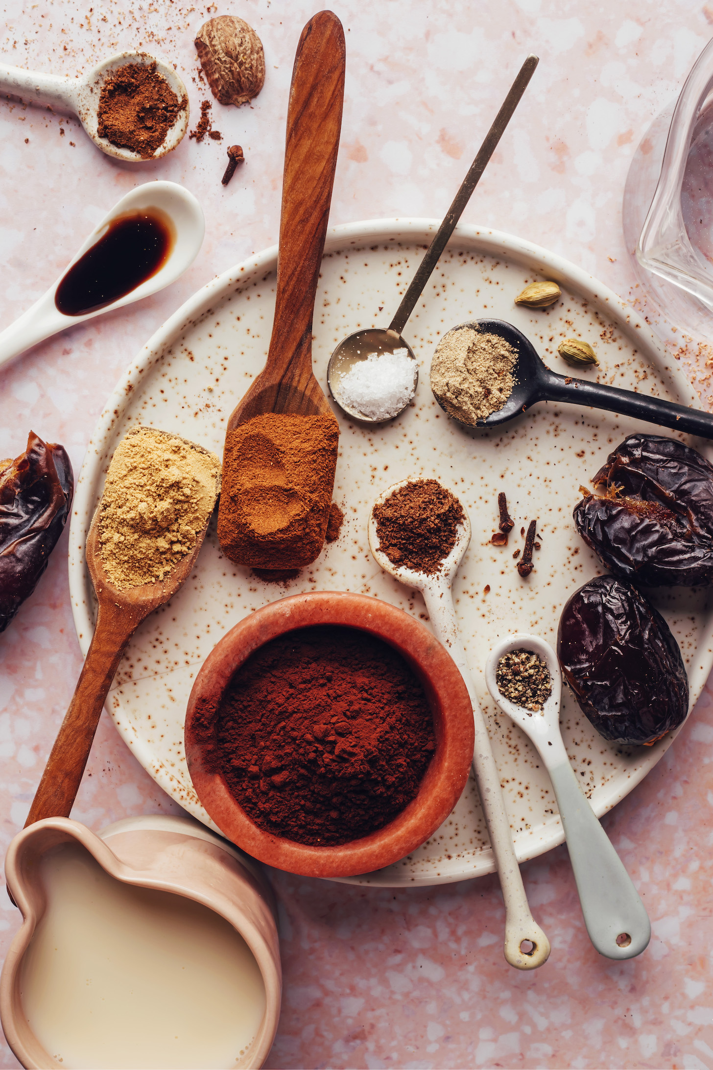 Spices, coconut milk, cacao powder, dates, and salt