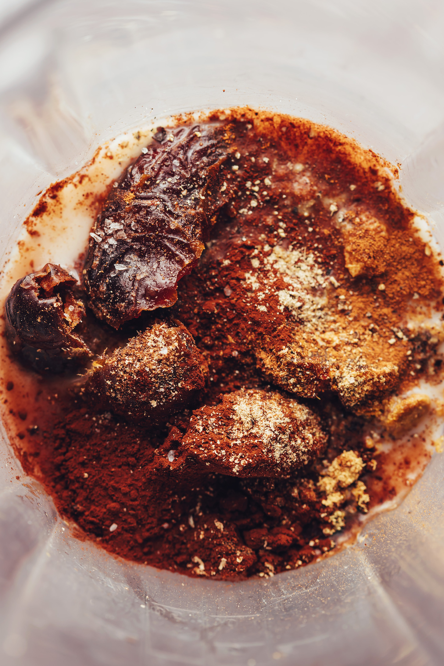 Blender with water, coconut milk, dates, salt, and spices