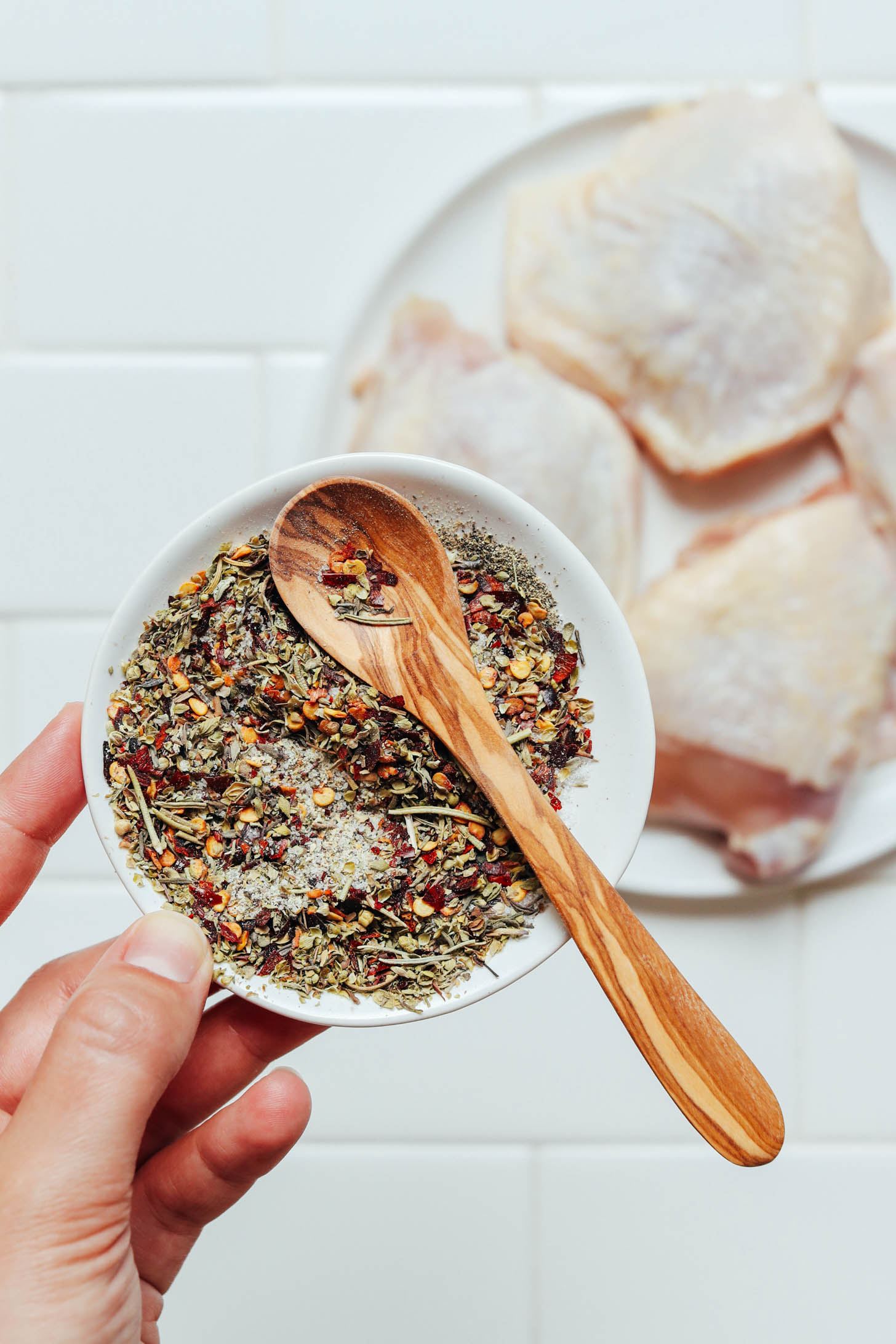 Seasoning mix of dried Italian herbs, salt, pepper, red pepper flakes, and garlic powder