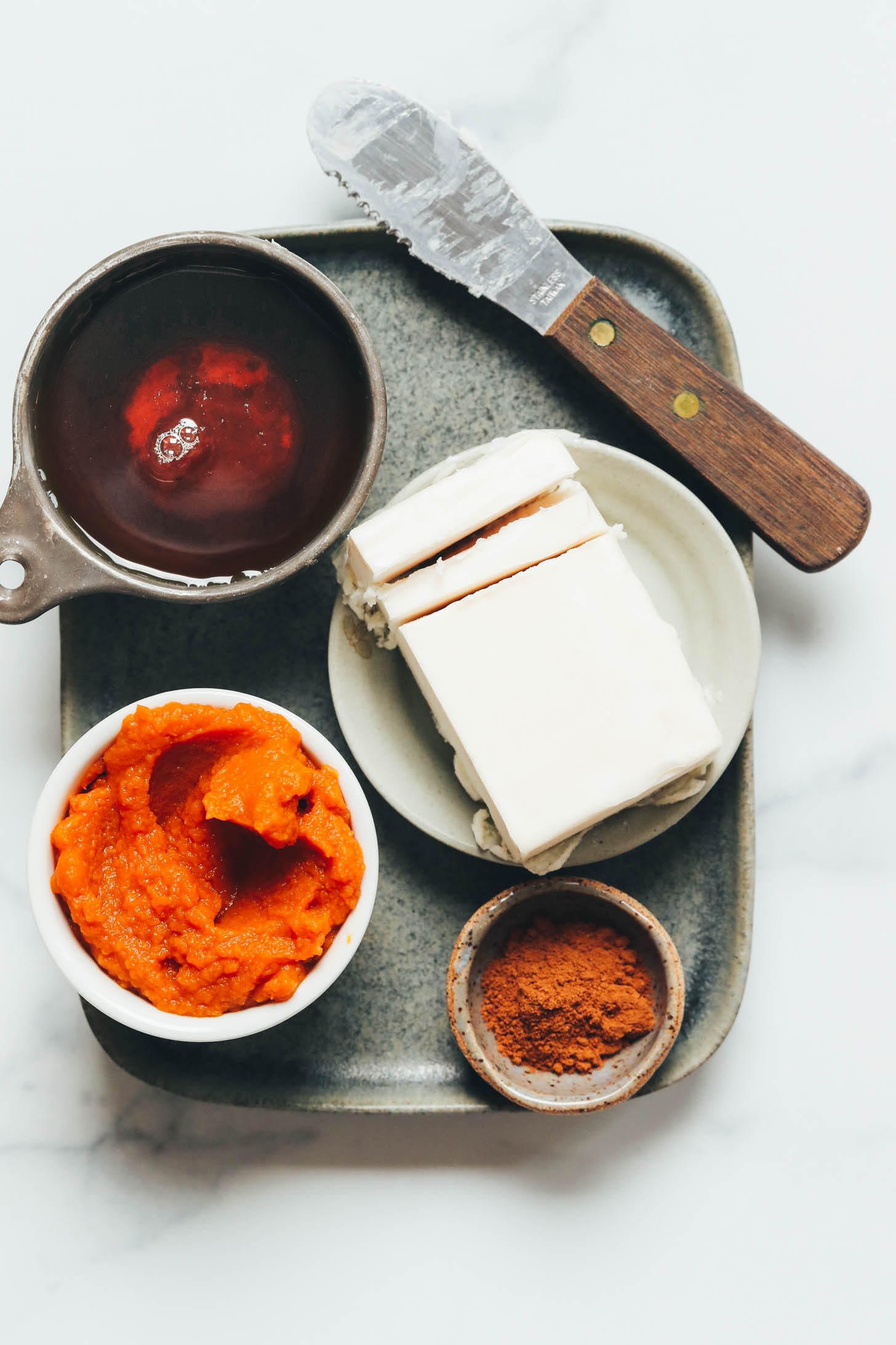 Maple syrup, pumpkin purée, pumpkin pie spice, and vegan butter