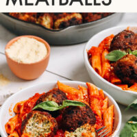 Bowl of spaghetti topped with turkey meatballs