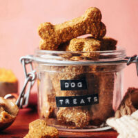Overflowing jar of homemade peanut butter pumpkin dog treats
