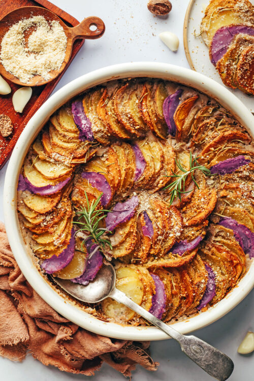 Baking dish filled with our vegan potato gratin recipe