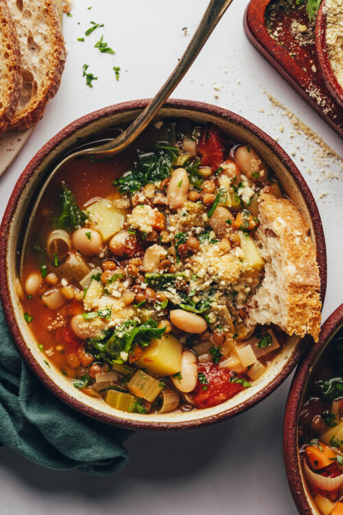Bowl of our simple vegetable and bean soup with toasted bread