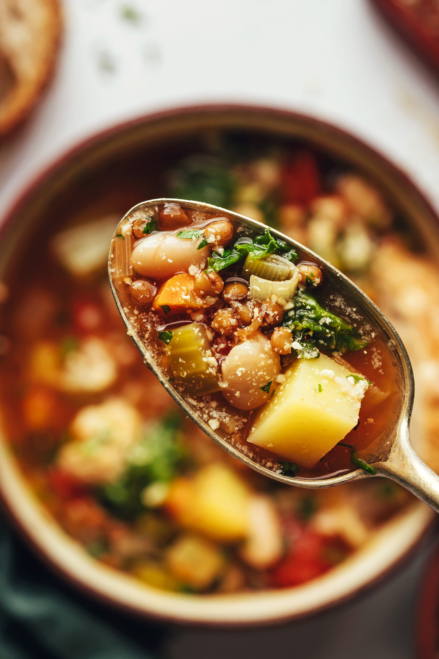 Close up shot of a spoonful of lentil, bean, and vegetable soup