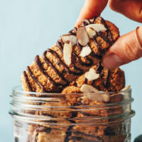 Holding a gluten-free chocolate almond biscotti over a glass jar