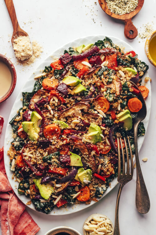 Large platter of our quinoa kale salad with roasted vegetables