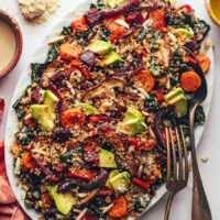 Large platter filled with our quinoa, kale, and roasted vegetable winter salad