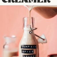 Pouring homemade Pumpkin Spice Coffee Creamer into a glass jug with text above it that says dairy-free