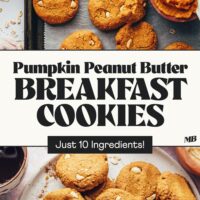Photos of our Pumpkin Peanut Butter Breakfast Cookies on a baking sheet and plate with text between the photos that says just 10 ingredients