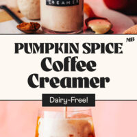 Dairy-free pumpkin spice coffee creamer in a glass jar and being poured into a glass of iced coffee