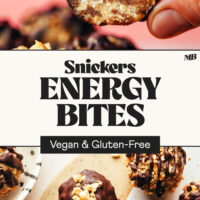 Overhead photo of a plate of Snickers Energy Bites and a close-up bite shot photo with text between the photos that says vegan and gluten-free