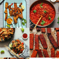 Assortment of photos of tempeh recipes