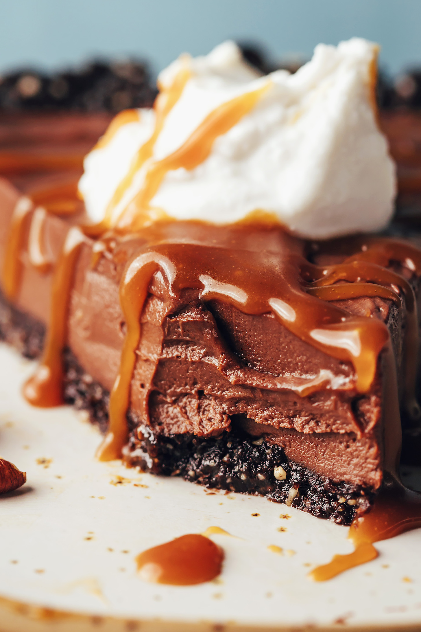 Close up photo showing the creamy texture of a slice of our chocolate mousse pie recipe