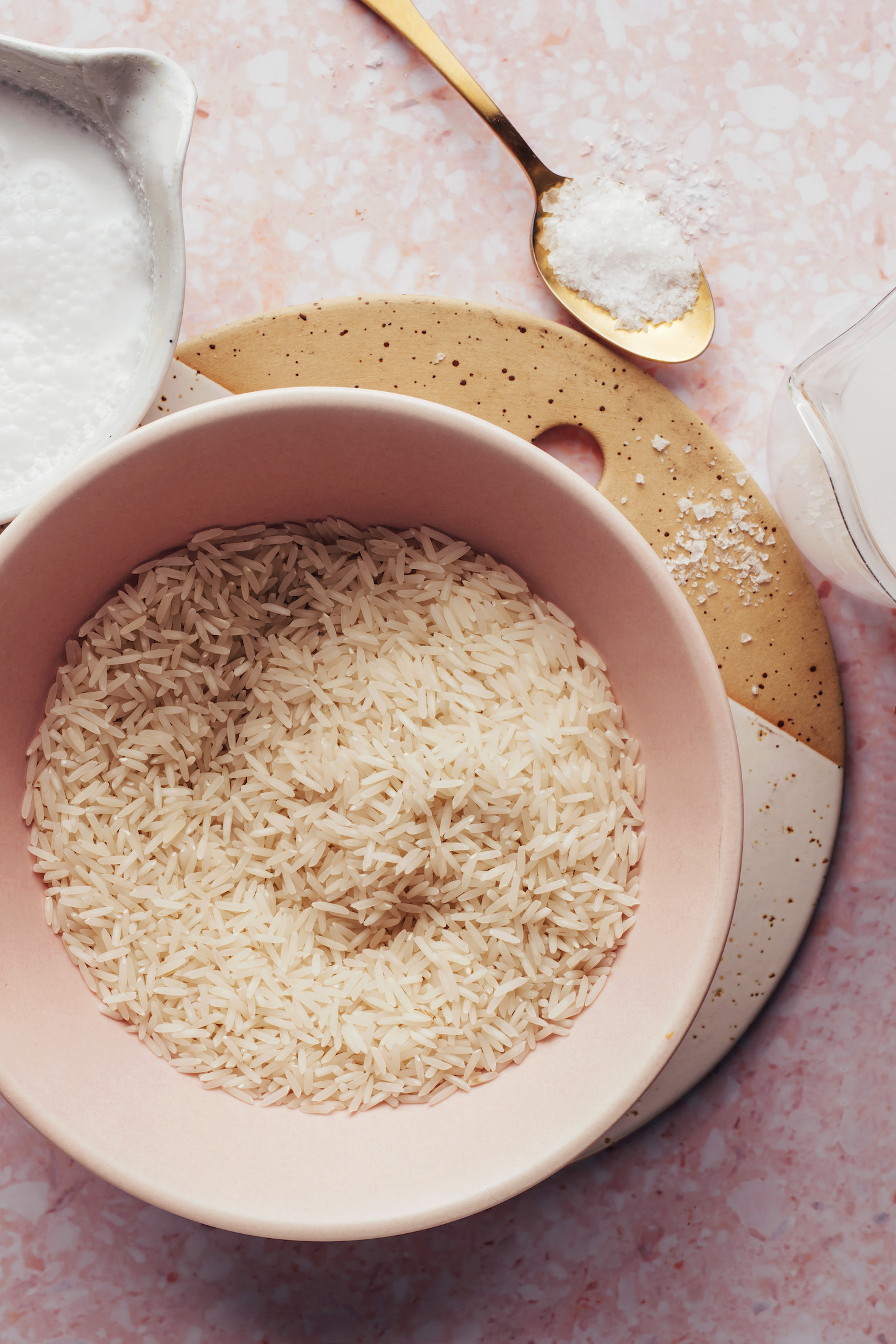 Salt, coconut water, white rice, and coconut milk