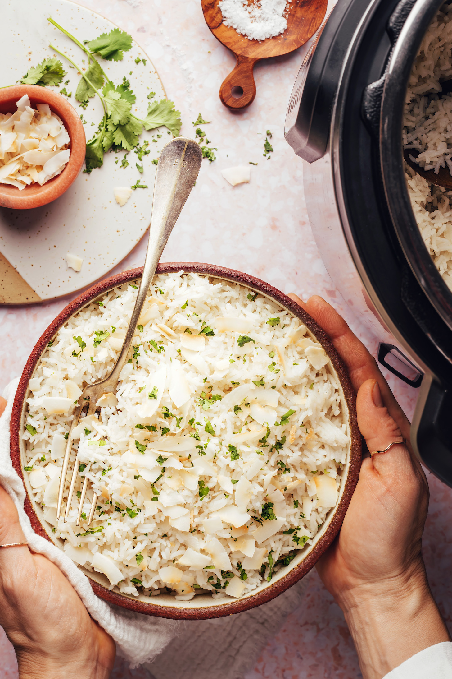 Hands holding a bowl of coconut rice next to an Instant Pot
