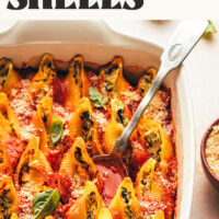 Tray of easy vegan stuffed shells