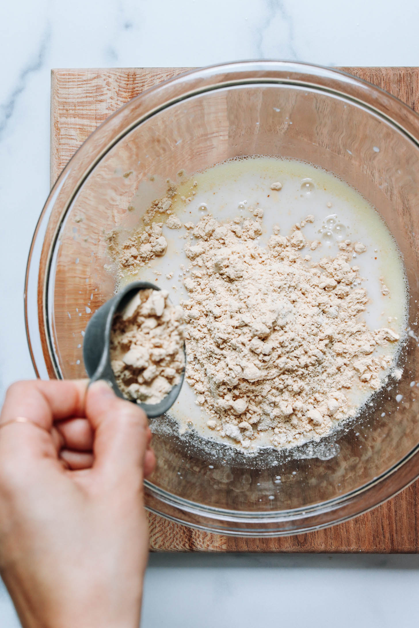 Adding protein powder to the wet ingredients