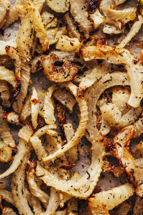 Close up shot of a pan of caramelized roasted fennel