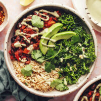 Bowl of our smoky black bean quinoa chili bowl